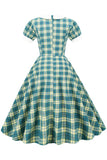 Jewel Neck Green Grid 1950-talsklänning med korta ärmar