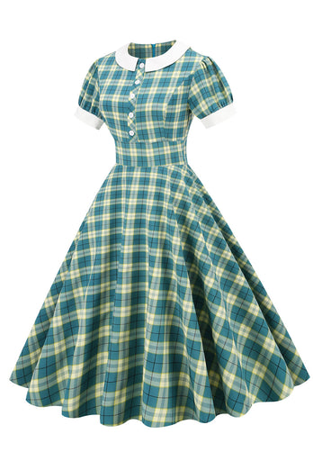 Jewel Neck Green Grid 1950-talsklänning med korta ärmar
