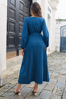 Blå V-Neck Casual klänning med skärp