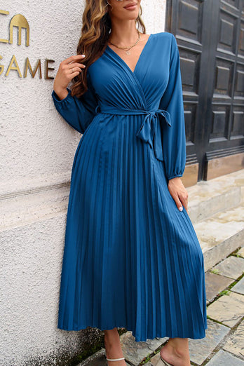 Blå V-Neck Casual klänning med skärp