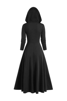 Svarta långa ärmar Snörning Halloween klänning med huva
