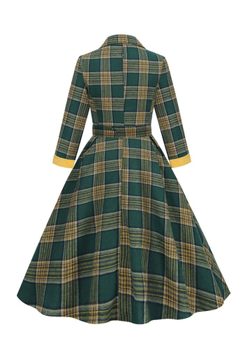 V-ringning Grön Grid Vintage Klänning med 3/4 ärmar