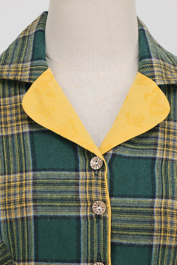 V-ringning Grön Grid Vintage Klänning med 3/4 ärmar