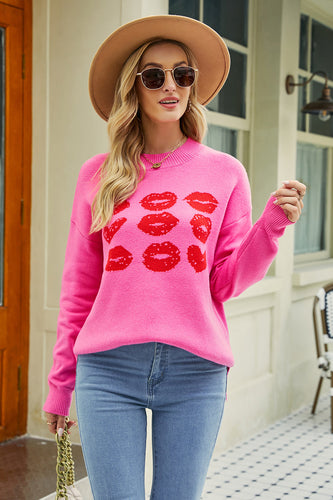 Heart Lips Crew Neck Stickad tröja för kvinnor