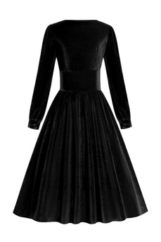 Svarta Långärmade Sammet Vintage Klänning