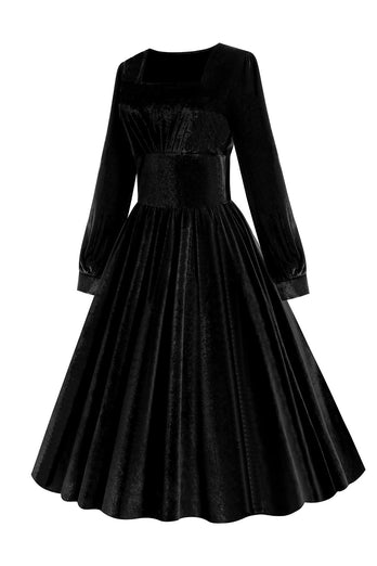 Svarta Långärmade Sammet Vintage Klänning