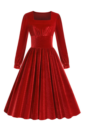 Röd Sammet Midi A-linje Vintage Klänning