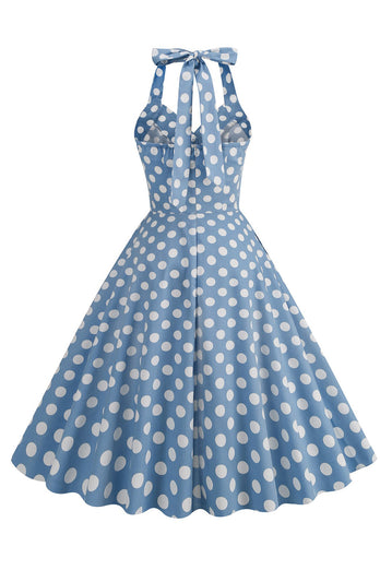 Hepburn Style Polka prickar blå 1950-talsklänning