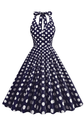 Hepburn Style Polka prickar blå 1950-talsklänning