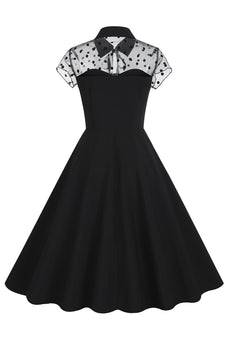 Svart Hepburn Stil 1950-Tals Vintage Klänning med korta ärmar