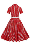 Blå Hepburn Stil V-Hals Prickiga 1950-tals Klänning