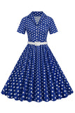 Blå Hepburn Stil V-Hals Prickiga 1950-tals Klänning