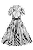 Blå Hepburn Stil V-Hals Prickiga 1950-tals Klänning
