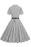 Blå Hepburn Stil V-Hals Prickiga 1950-tals Klänning