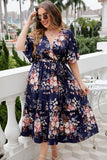 Plus Size V-hals Marinblå Kortärmad Sommarklänning