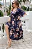Plus Size V-hals Marinblå Kortärmad Sommarklänning
