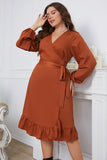 Brun Plus Size Långärmad Sommarklänning med Volanger