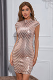 Glittrande Paljettrosa Gyllene Kepsärmar Bodycon Cocktail Klänning