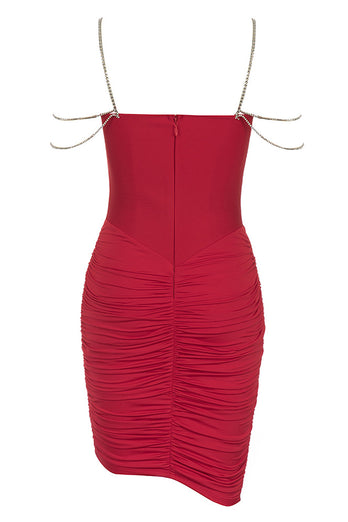 Röda spaghettiremmar pärlande kort hemkomstklänning