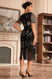 Svart Champange V Neck Fringe 1920-tal Gatsby klänning med paljetter