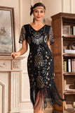 Svart Champange V Neck Fringe 1920-tal Gatsby klänning med paljetter