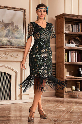 Mörkgrön V-ringad klänning med paljetter från 1920-talets Gatsby