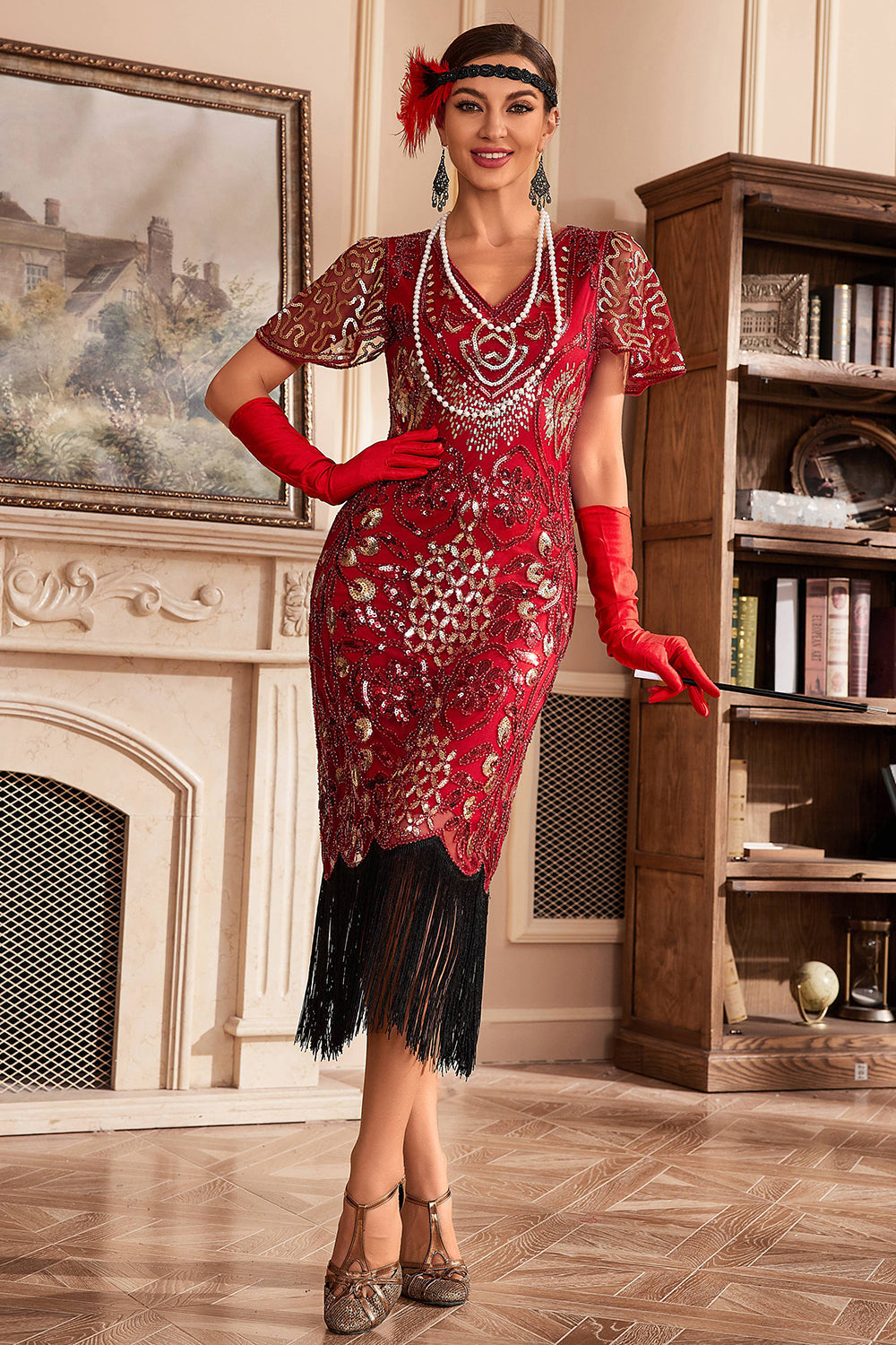 Röd V-ringad klänning med paljetter från 1920-talets Gatsby