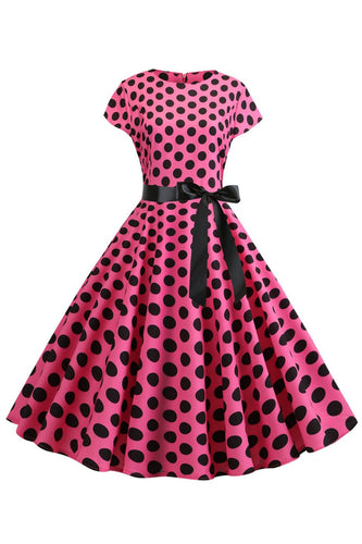 Rosa Svart Prickar Kepsärmar 1950-tals klänning
