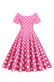 Rosa Prickar Båthals 1950-Tals Klänning med Bowknot