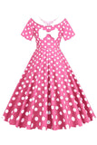 Rosa Prickar Båthals 1950-Tals Klänning med Bowknot