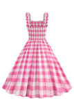Rosa Pläd A Linje Smockad 1950 -tals Klänning