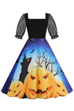 Svart A Linje Halloween Tryckt Vintage Klänning