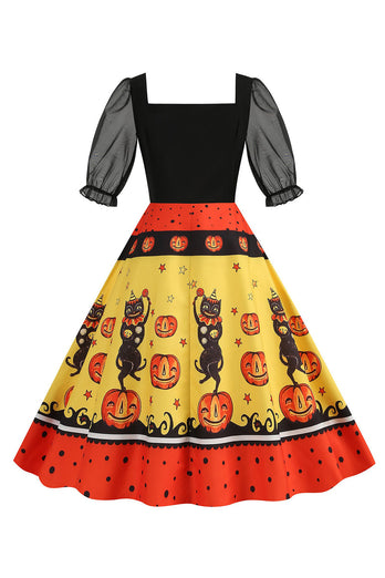 Svart A Linje Halloween Tryckt Vintage Klänning