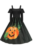 Halloween Pumpa Tryckt Svart Kall Axel VIntage Klänning