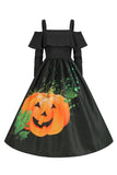 Halloween Pumpa Tryckt Svart Kall Axel VIntage Klänning