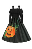 Halloween Pumpa Tryckt Svart Kall Axel VIntage Klänning