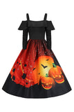 Halloween Pumpa Tryckt Svart Kall Axel VIntage Klänning