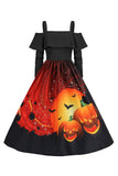 Halloween Pumpa Tryckt Svart Kall Axel VIntage Klänning