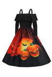 Halloween Pumpa Tryckt Svart Kall Axel VIntage Klänning