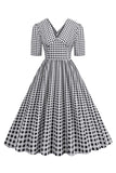 Svart Rutig V-ringning Kortärmad 1950-Tals Klänning