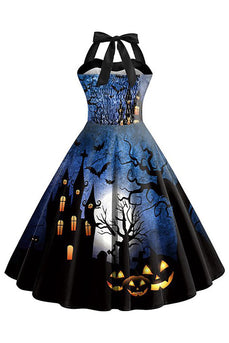 Halloween tryckt grimma blå vintage klänning