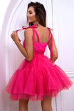 Hot Pink A Line Tyll Söt Homecoming Klänning