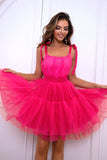 Hot Pink A Line Tyll Söt Homecoming Klänning
