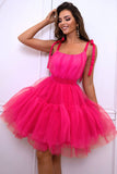 Hot Pink A Line Tyll Söt Homecoming Klänning