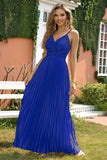 Royal Blue V-ringad Spaghetti Strap Plisserad Party Klänning