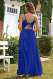 Royal Blue V-ringad Spaghetti Strap Plisserad Party Klänning