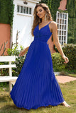 Royal Blue V-ringad Spaghetti Strap Plisserad Party Klänning