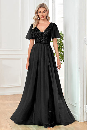 Tyll A-Line paljetter svart formell klänning med slits