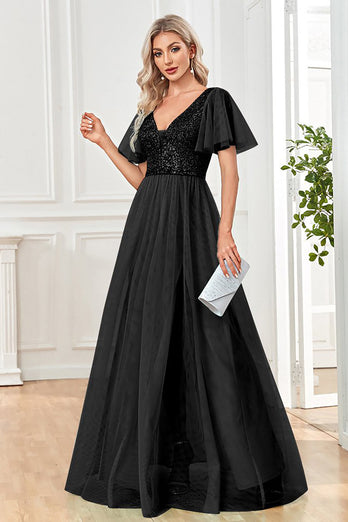 Tyll A-Line paljetter svart formell klänning med slits
