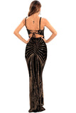 Svart Paljetter Spaghetti Strap Backless Bodycon Lång Aftonklänning
